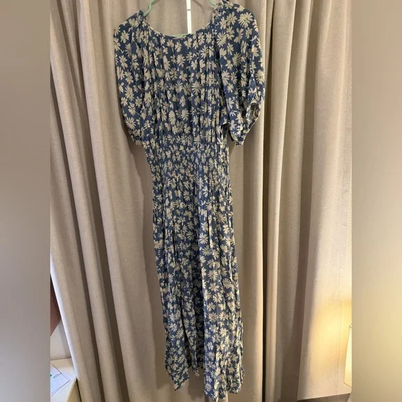 Gap Blue Floral Puff-Sleeve Midi Dress L - Picture 2 of 3